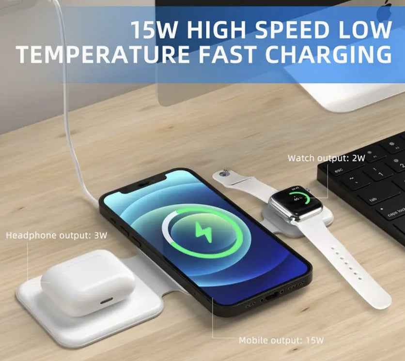 3-in-1 Magnetic Foldable Wireless Charging Station – Multi-Device Charger