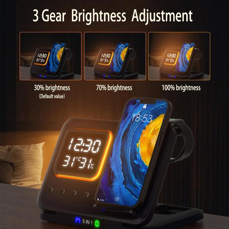 15W 5-in-1 Wireless Charging Stand with LED Digital Alarm Clock