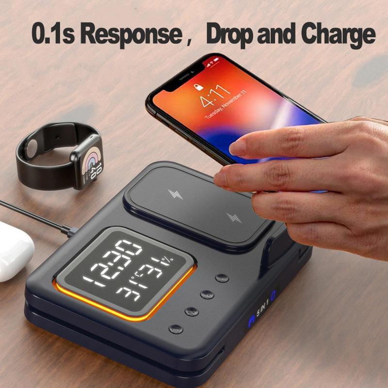15W 5-in-1 Wireless Charging Stand with LED Digital Alarm Clock