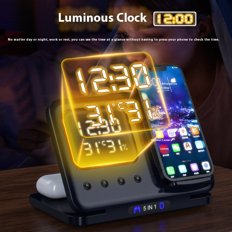 15W 5-in-1 Wireless Charging Stand with LED Digital Alarm Clock