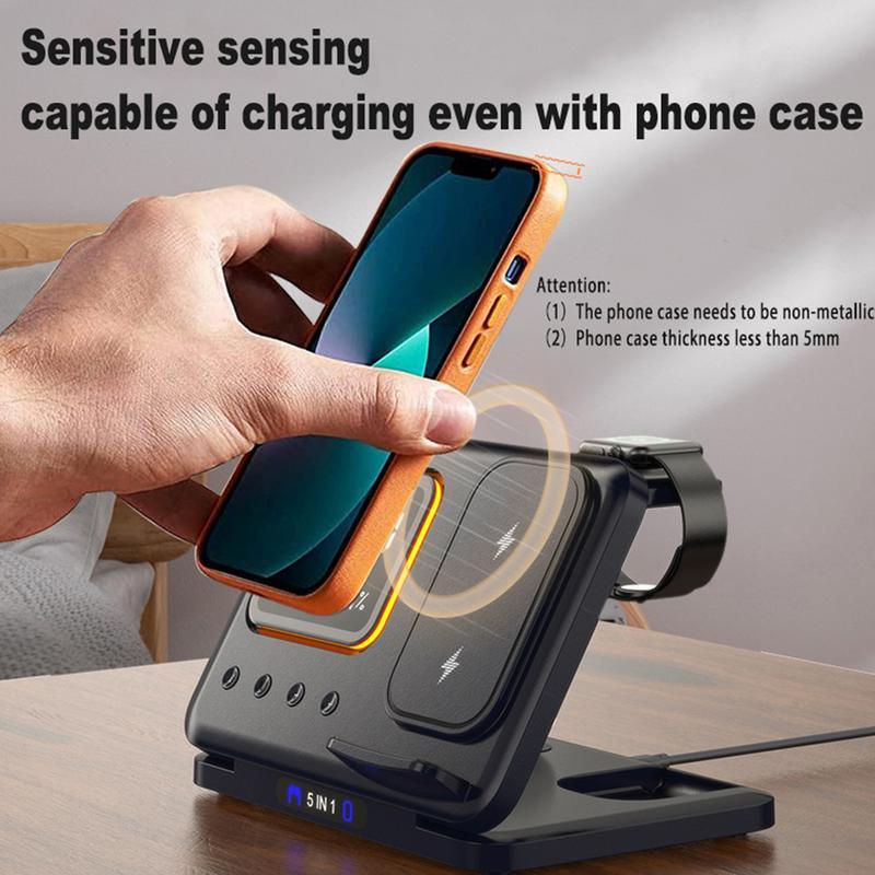 15W 5-in-1 Wireless Charging Stand with LED Digital Alarm Clock
