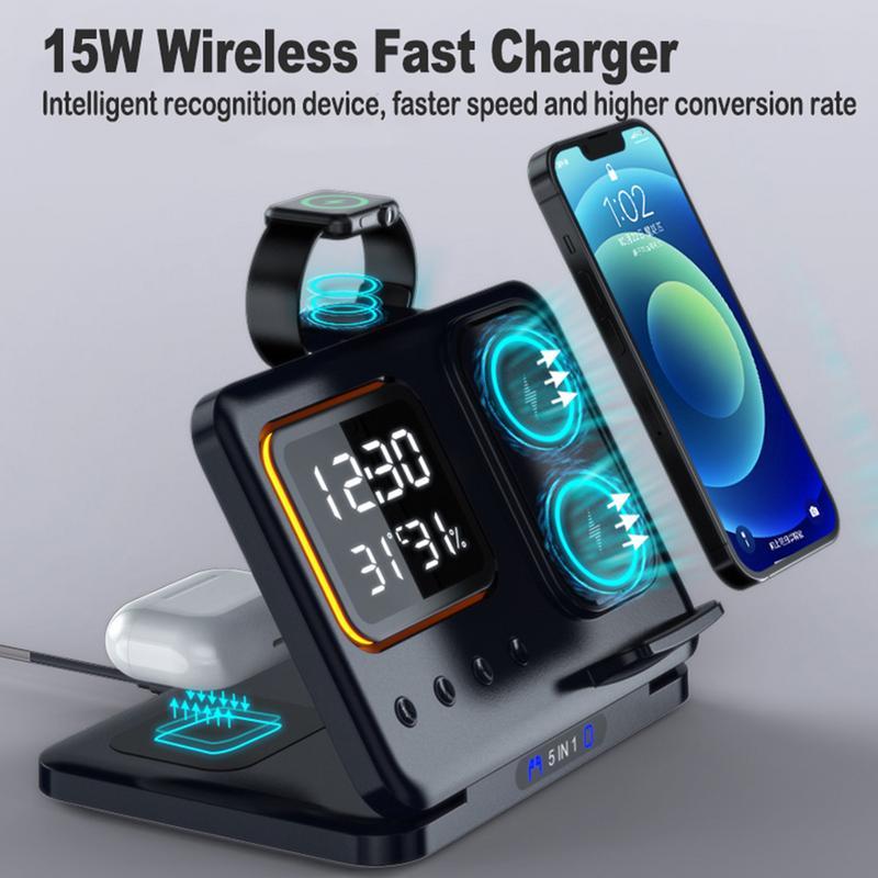 15W 5-in-1 Wireless Charging Stand with LED Digital Alarm Clock