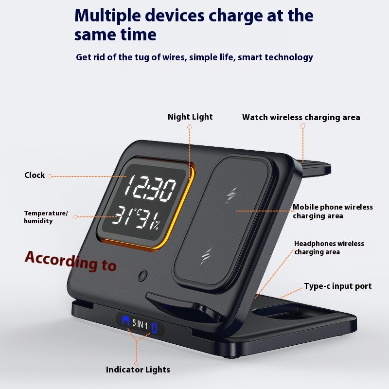 15W 5-in-1 Wireless Charging Stand with LED Digital Alarm Clock