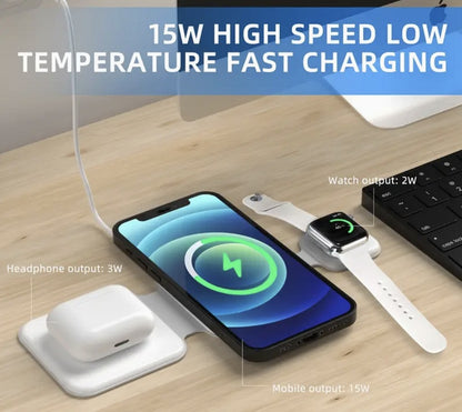 3-in-1 Magnetic Foldable Wireless Charging Station – Multi-Device Charger