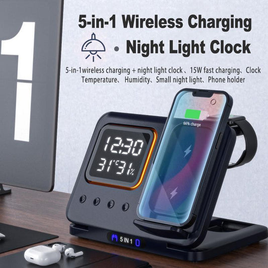 15W 5-in-1 Wireless Charging Stand with LED Digital Alarm Clock