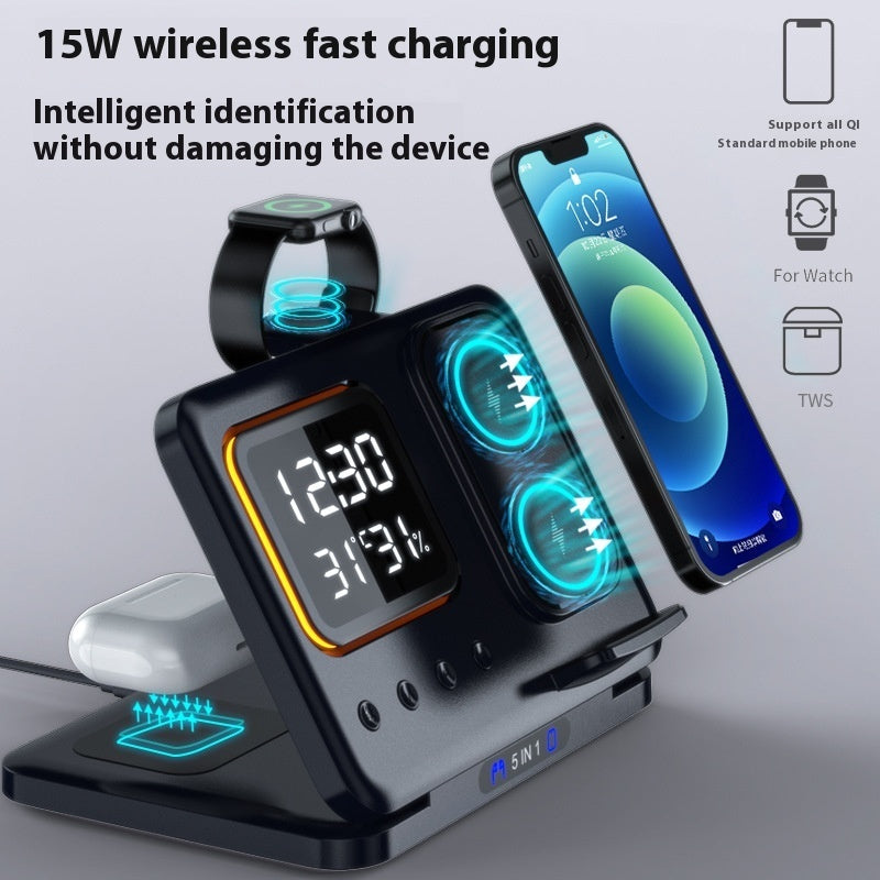 15W 5-in-1 Wireless Charging Stand with LED Digital Alarm Clock