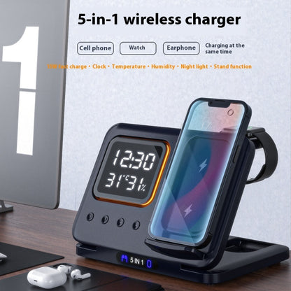 15W 5-in-1 Wireless Charging Stand with LED Digital Alarm Clock